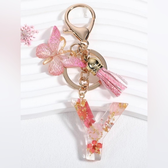 Accessories - Keychain/Bag Charm Letter Y pink with encapsulated flowers.